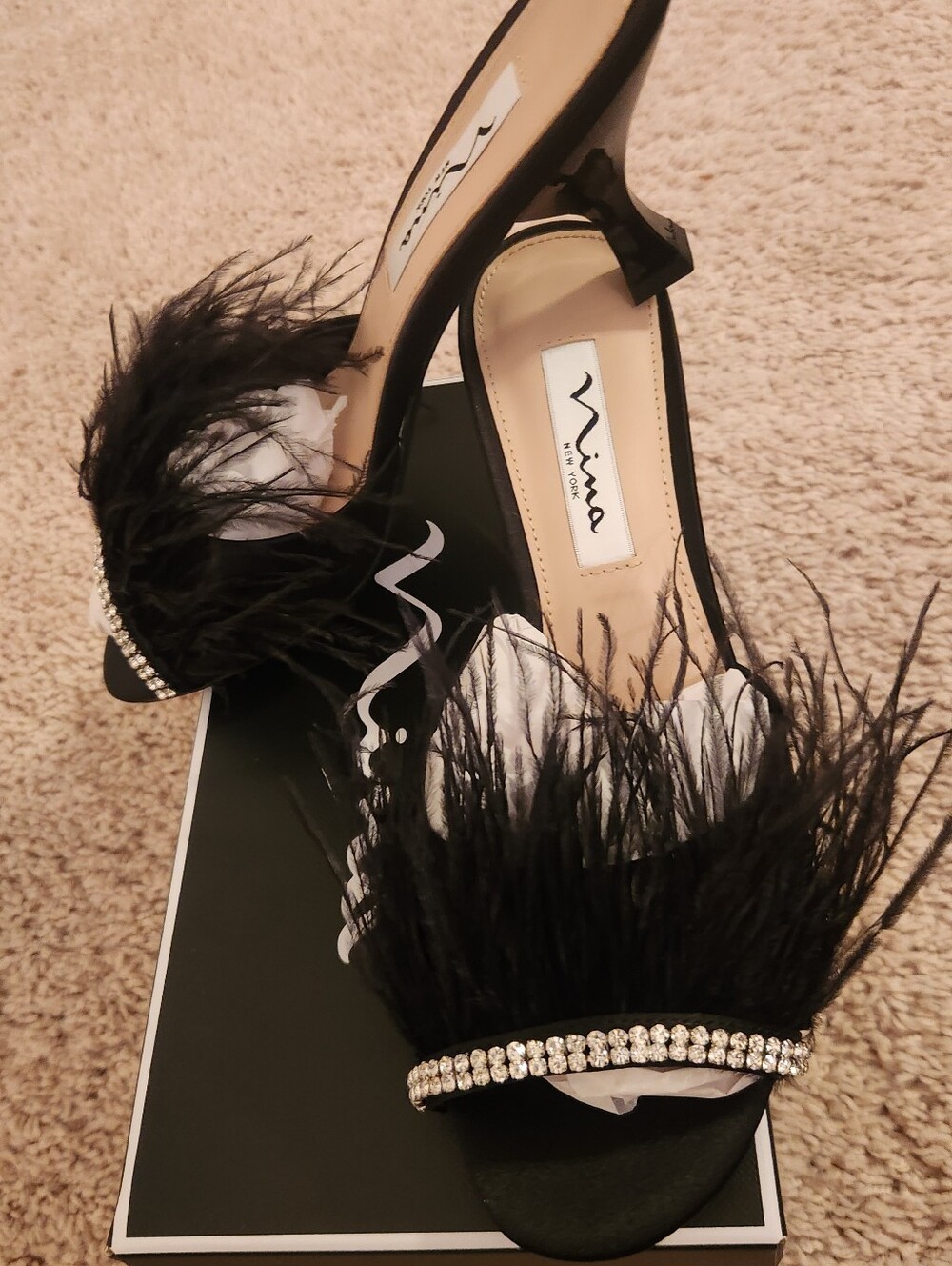 Nina Black Feather & Crystal Slide Sandals Size 6.5 - Picture 4 of 5